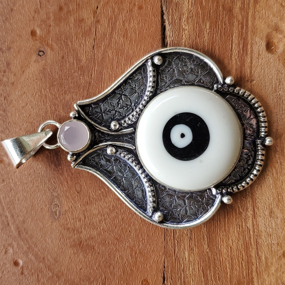 New White Evil Eye & Pink Chalcedony 925 Silver Pendant.